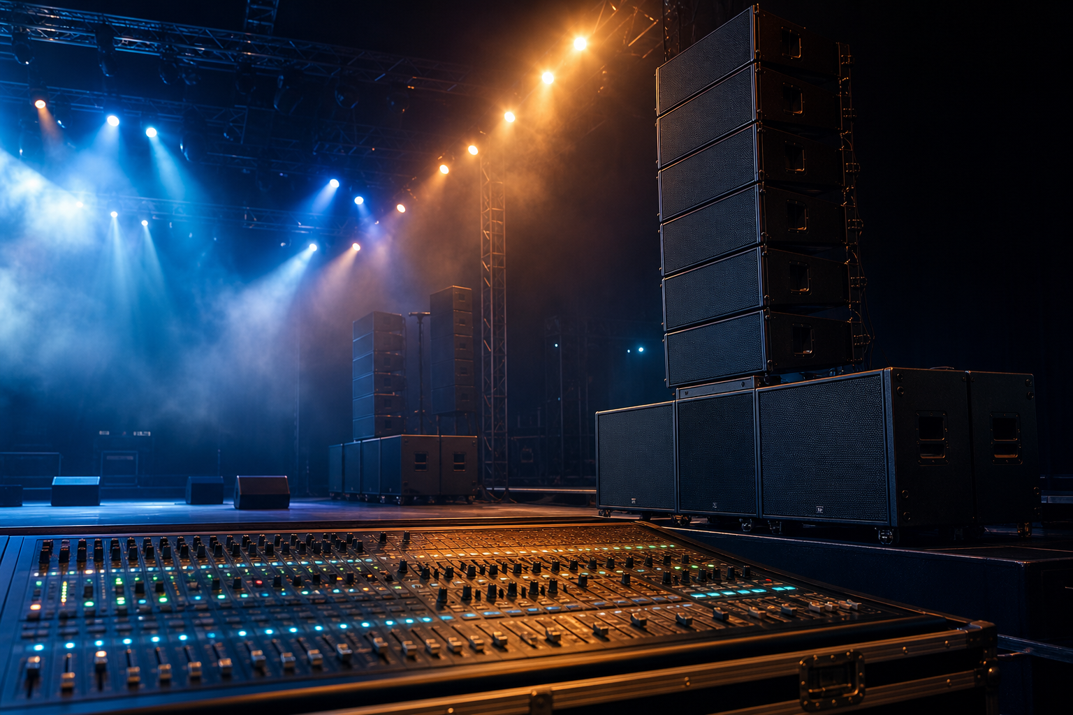 Impianto PA e amplificazione per un evento dal vivo con casse e mixer